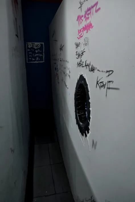 32K, (masterpiece:1.2), photograph of a, view from the side, (((far shot))), centered focus, wide angle, extremely dim fluorescent lighting, <lora:Gloryhole_blowjob:1> photo of a gloryhole, (((small dark hole))), round hole on wall, ((graffiti scribbles)), ((arrow graffiti art)), arrows toward gloryhole,
<lora:restroom_v0.2a:0.5> restroom, (((stall wall))), tiled floor, urinal, stall, stall door, stall door hinges, <lora:nighttime_v1:0.5>
text: PENIS