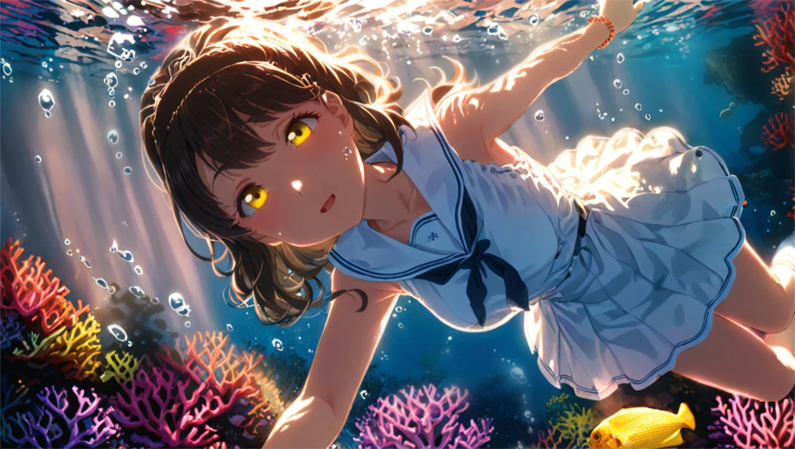 1girl, solo, saeki haruko, idoly pride, white sailor dress, swimming, looking at viewer, confused face, slight open mouth, intricate dark brown hair, bob cut, bangs, pale yellow eyes, long white socks, ribbon shaped bracelet on both arms BREAK (underwater:1.2), (blue sea:1.2), caustics, bubbles, splash, sunbeam, coral, fish, lens flare, vibrant color, masterpiece, detailed shadows, highly detailed, best quality, BREAK (glowing:1.2), bokeh light, (cinematic lighting:1.1) <lora:better_scenery:0.9> <lora:Swimming_XL:0.6> <lora:xl_more_art-full_v1:1> <lora:Difference_Saturation:1> <lora:outline_xl_end:-1> <lora:SaekiHaruko:0.4> BREAK <lora:EnvyPonyDramaticLighting01:0.6>