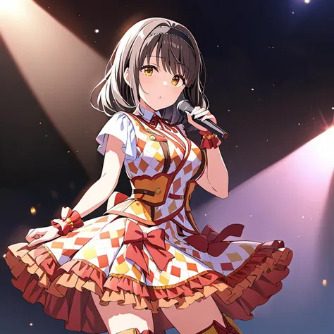 masterpiece,saeki haruko,1girl,saekiidol dress,casual hairband,saekiidol knee boots,solo,looking at viewer,standing,<lora:SaekiHaruko:0.8>,Cinematic Lighting,indoor,theater,hol,holding_microphone,