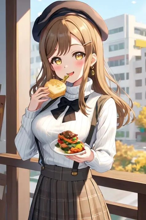 best quality, masterpiece, highres, solo, {kunikida_hanamaru_lovelivesunshine:1.15}, brown_hair, bangs, long_hair, blush, yellow_eyes, smile, brown_eyes, open_mouth, 1girl, beret, hat, looking_at_viewer, sweater, turtleneck, upper_body, breasts, hair_ornament, hairclip, long_sleeves, plaid, skirt, suspender_skirt, suspenders, white_sweater, :t, black_headwear, eating, food, food_on_face, holding, holding_food, medium_breasts, plaid_skirt