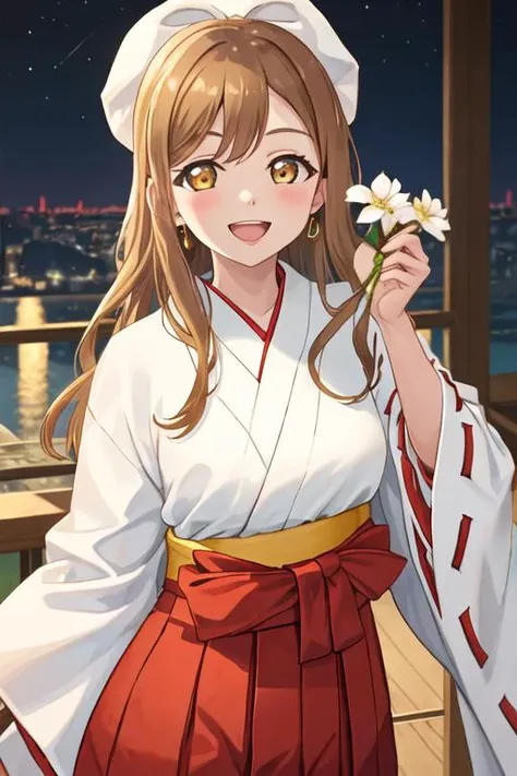 best quality, masterpiece, highres, solo, {white kimono:1.35}, {red hakama:1.35}, {wide sleeves:1.20}, {kunikida_hanamaru_lovelivesunshine:1.15}, brown_hair, bangs, long_hair, blush, yellow_eyes, smile, brown_eyes, open_mouth