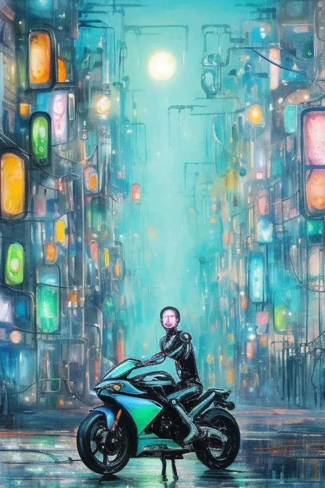 Painting by Studio Ghibli, using water colours, wet colours, a beautiful cyborg woman with black robotic limbs sits on a futuristic cyberpunk motobike, neon city, beautiful ornamented streetlights, stray dogs on the street, white houses, Bright sunlight, sun glare, soft colours of green and blue, (4k quality, masterpiece), bright open spaces, best quality,