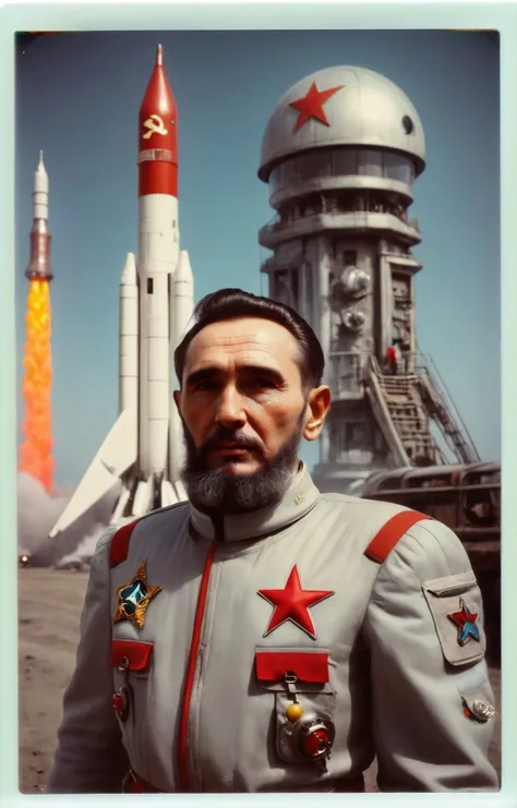1950s photography, (sovietpunkAI) (fidel castro:1.4) as a cosmonaut, for the motherland wearing a spacesuit and a glass dome helmet, rocket in the background, cccp, mainly red and gray colors <lora:SovietPunkAIp:1>. (old polaroid photo:2). Polaroid SX-70, pastel colors, film by Wes Anderson, hazy, vintage, analog style, 1950's, style of Nan Goldin, style of Oleg Oprisco
