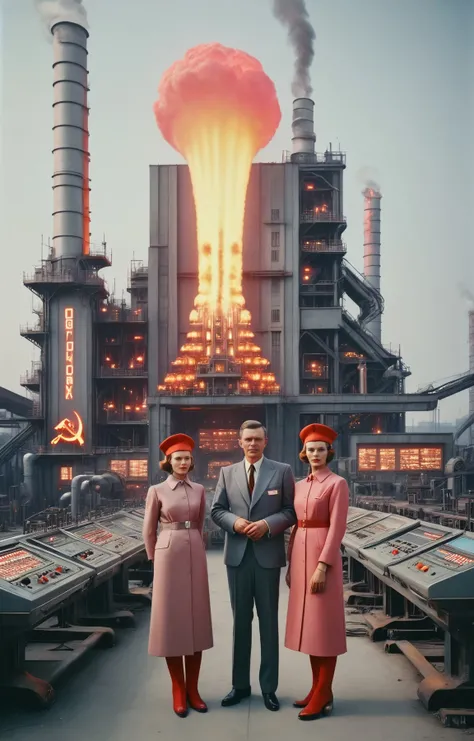 1950s photography, (sovietpunkAI) industrial workers working at a retro-futuristic tv factory, pride, for the motherland, hammer and sickle, cccp, mainly red and gray colors <lora:SovietPunkAIp:1>. (old polaroid photo:2). Polaroid SX-70, pastel colors, film by Wes Anderson, hazy, vintage, analog style, 1950's, style of Nan Goldin, style of Oleg Oprisco