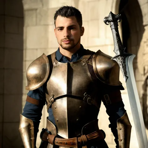 Caua Reymond solo, ultra quality, 8K image, realistic photo, Caua Reymond, realistic, face details, warrior, sword, shield, warrior armor