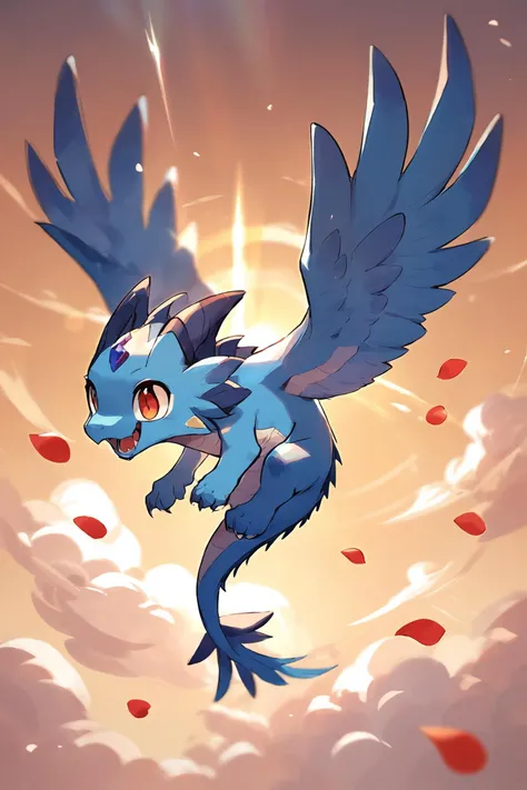 score_9, score_8_up, source_furry, (masterpiece:1.4), (anime:1.6), solo, chibi cute (feral:1.6) cyan dragon, feathered wings, flying, upside down, spread wings, smile, open mouth, fangs, claws, contrail, cloud, floating petals, no humans, long tail, sunbeam, lens flare, <lora:ToraFurry_XL_PonyV6_p1-t1:0.5> <lora:Smooth Anime 2 Style SDXL_LoRA_Pony Diffusion V6 XL:0.3>