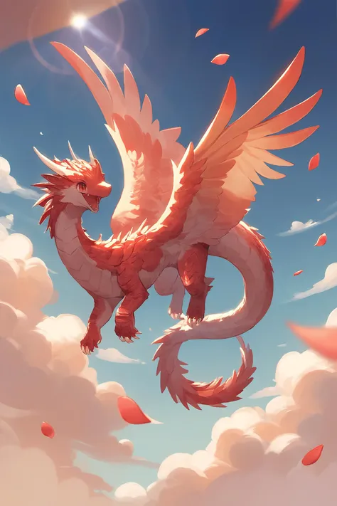 score_9, score_8_up, source_furry, (masterpiece:1.4), (anime:1.6), solo, chibi cute (feral:1.6) rosegold dragon, feathered wings, flying, upside down, spread wings, smile, open mouth, fangs, claws, contrail, cloud, floating petals, no humans, long tail, sunbeam, lens flare, <lora:ToraFurry_XL_PonyV6_p1-t1:0.5> <lora:Smooth Anime 2 Style SDXL_LoRA_Pony Diffusion V6 XL:0.3>