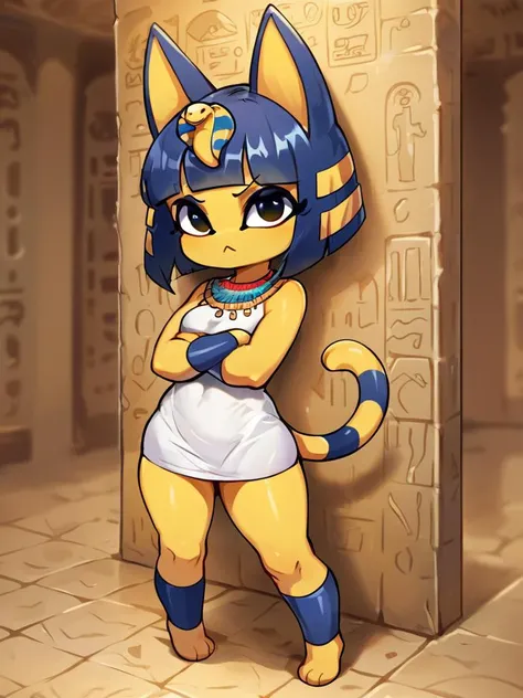 score_9, score_8_up, score_7_up, source_furry, 1girl, solo, full body, standing, crossed_arms, spread_legs, looking_at_viewer, <lora:Ankha (Autism SDXL):0.7>, ankha_\(animal_crossing\), (chibi:0.6), <lora:ToraFurry_XL_PonyV6_p1-t1:0.7>, sandstone floor, sandstone wall, egyptian tomb, interior, minidress,