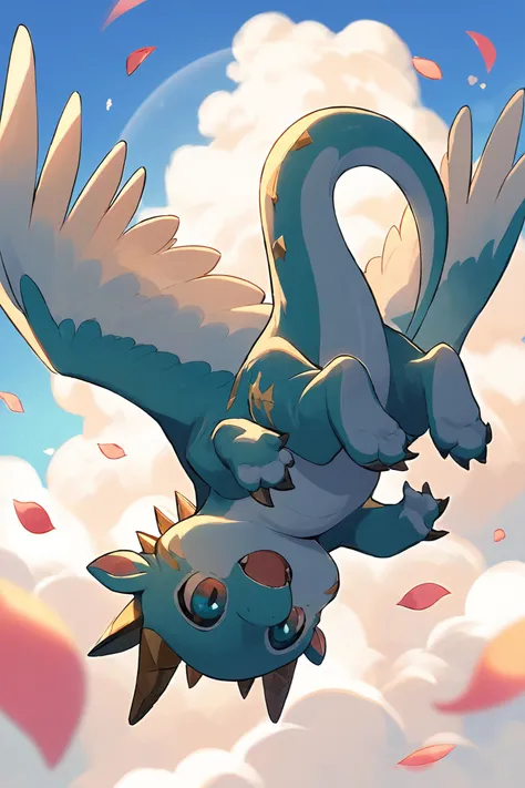 score_9, score_8_up, source_furry, (masterpiece:1.4), (anime:1.6), solo, chibi cute (feral:1.6) cyan dragon, feathered wings, flying, upside down, spread wings, smile, open mouth, fangs, claws, contrail, cloud, floating petals, no humans, long tail, sunbeam, lens flare, <lora:ToraFurry_XL_PonyV6_p1-t1:0.5> <lora:Smooth Anime 2 Style SDXL_LoRA_Pony Diffusion V6 XL:0.3>
