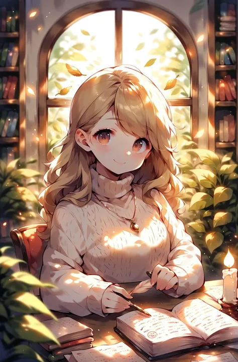 score_9,score_8_up,score_7_up,score_6_up,score_5_up,score_4_up 1girl,solo,long hair,looking at viewer,smile,blonde hair,brown hair,long sleeves,holding,brown eyes,jewelry,sitting,closed mouth,upper body,indoors,necklace,sweater,book,window,turtleneck,leaf,chair,table,sunlight,fire,plant,desk,pendant,backlighting,paper,open book,turtleneck sweater,bookshelf,pen,candle,book stack,writing,quill,inkwell <lora:ToraFurry_XL_PonyV6_p1-t1:0.8>