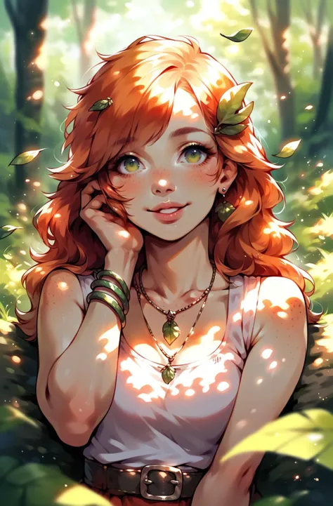 score_9,score_8_up,score_7_up,score_6_up,score_5_up,score_4_up 1girl,solo,long hair,looking at viewer,smile,hair ornament,jewelry,green eyes,upper body,red hair,earrings,outdoors,lying,parted lips,day,belt,necklace,orange hair,blurry,bracelet,tree,lips,blurry background,leaf,watermark,sunlight,nature,hand on own face,forest,freckles,realistic,nose,dappled sunlight <lora:ToraFurry_XL_PonyV6_p1-t1:0.8>