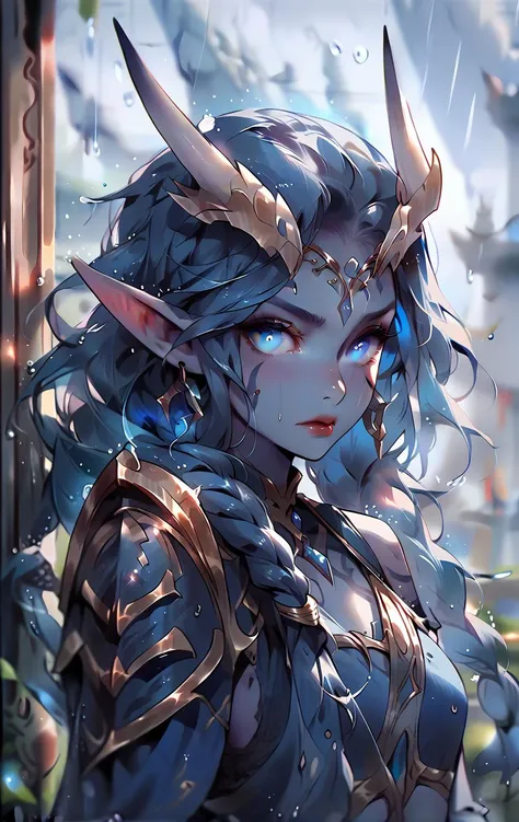 score_9,score_8_up,score_7_up,score_6_up,score_5_up,score_4_up 1girl,solo,long hair,looking at viewer,blue eyes,jewelry,closed mouth,blue hair,braid,earrings,horns,pointy ears,armor,glowing,colored skin,elf,shoulder armor,glowing eyes,rain,pauldrons,blue theme,blue skin <lora:ToraFurry_XL_PonyV6_p1-t1:0.8>,<lora:xl_kelala_pony_ceshi(pony):1>