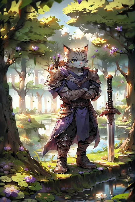 score_9,score_8_up,score_7_up,score_6_up,score_5_up,score_4_up witchyset39, solo,1boy,holding,standing,weapon,flower,male focus,outdoors,day,sword,water,armor,tree,no humans,animal,crossed arms,cat,grass,plant,sheath,nature,scenery,sheathed,purple flower,lily pad,pond, <lora:ToraFurry_XL_PonyV6_p1-t1:0.8>,<lora:xl_kelala_pony_ceshi(pony):1>