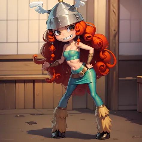 ((masterpiece, best quality)),(complex light), 1girl, solo, full body, barbara, <lora:RaymanBarbara1:0.8>, long hair, red hair, helmet,skirt, tube top, curly hair, grin,