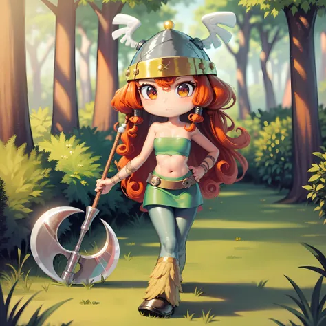 ((masterpiece, best quality)),(complex light), 1girl, solo, full body, barbara, <lora:RaymanBarbara1:0.8>, long hair, red hair, helmet,skirt, tube top, curly hair, walking, forest, double headed axe, holding axe,