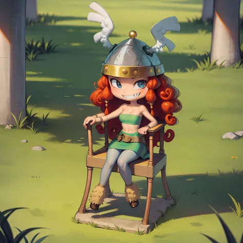 ((masterpiece, best quality)),(complex light), 1girl, solo, full body, barbara, <lora:RaymanBarbara1:0.8>, long hair, red hair, helmet,skirt, tube top, curly hair, grin, sitting, on chair, throne,