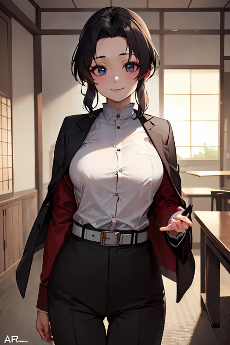 <lora:shinobukochoutest:1>,
masterpiece, best quality, ultra-detailed, Potrait of beautiful ShinobuDB, demon_slayer_uniform, solo, smile, japanese_clothes, haori, closed_mouth, jacket, looking_at_viewer, long_sleeves, belt, black_jacket, uniform, pants, belt_buckle, breasts, buckle, volumetric lighting, best quality, masterpiece, intricate details, tonemapping, sharp focus, hyper detailed, trending on Artstation,
