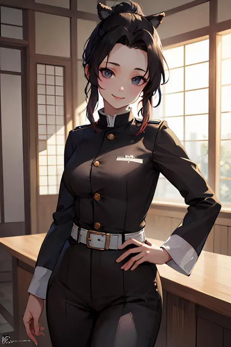 <lora:shinobukochoutest:1>,
masterpiece, best quality, ultra-detailed, Potrait of beautiful ShinobuDB, demon_slayer_uniform, solo, smile, japanese_clothes, haori, closed_mouth, jacket, looking_at_viewer, long_sleeves, belt, black_jacket, uniform, pants, belt_buckle, , buckle, volumetric lighting, best quality, masterpiece, intricate details, tonemapping, sharp focus, hyper detailed, trending on Artstation,