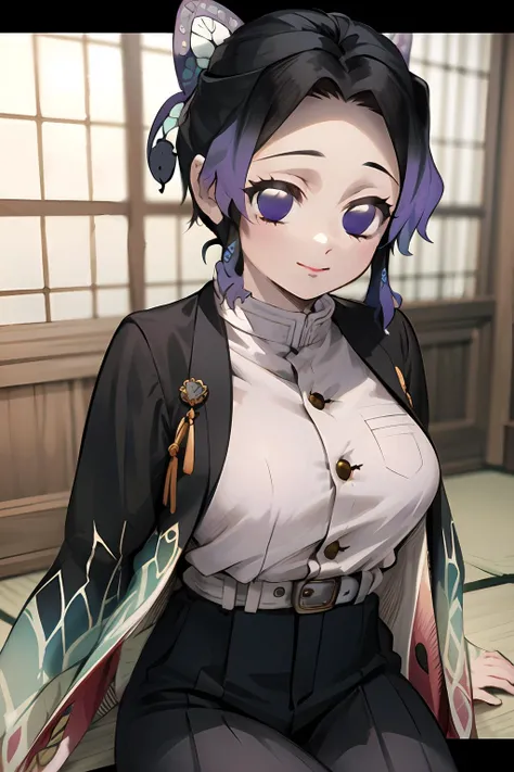 masterpiece, best quality, ultra-detailed, Potrait of beautiful ShinobuDB, demon_slayer_uniform, solo, smile, japanese_clothes, haori, closed_mouth, jacket, looking_at_viewer, long_sleeves, belt, black_jacket, uniform, pants, belt_buckle, breasts, buckle, volumetric lighting, best quality, masterpiece, intricate details, tonemapping, sharp focus, hyper detailed, trending on Artstation, <lora:ShinobuDBA:1.4>