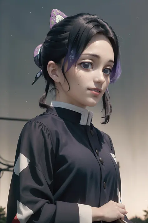 masterpiece, (photorealistic:1.4), best quality, beautiful lighting, ShinobuDB, demon_slayer_uniform, solo, smile, japanese_clothes, haori, jacket, long_sleeves, upper_body, , cloud, sky, night, RAW photo, 8k uhd, film grain, <lora:ShinobuDBA:1.2>