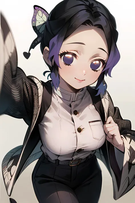 masterpiece, best quality, ultra-detailed, Potrait of beautiful ShinobuDB, demon_slayer_uniform, solo, smile, japanese_clothes, haori, closed_mouth, jacket, long_sleeves, simple_background, belt, uniform, pants, black_pants, white_background, breasts, wide_sleeves, animal_print, volumetric lighting, best quality, masterpiece, intricate details, tonemapping, sharp focus, hyper detailed, trending on Artstation, <lora:ShinobuDBA:1.2>