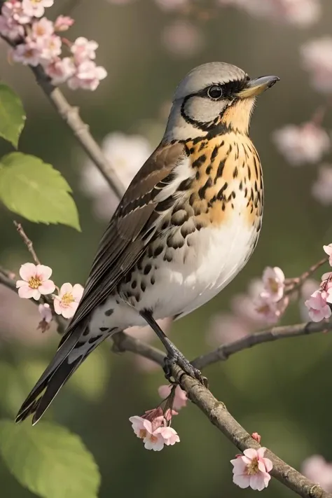 Fieldfare on branch with flowers,<lora:iNaturalist_Birds:0.5>,photorealistic,Photographic,