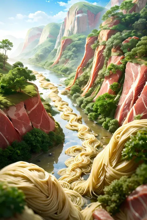 masterpiece,best quality,<lora:微缩ä¸ç Miniature World_ç¾é£ç:0.8>, miniature photography,the river of noodles,a mountain formed by meat,the mountain formed by bread,