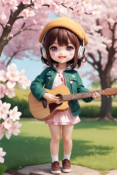 (masterpiece),(best quality),(ultra-detailed), (full body:1.2),1girl,chibi,cute, smile, open mouth,
flower, outdoors, playing guitar, music, beret, holding guitar, jacket, blush, tree, :3, shirt, short hair, cherry blossoms, green headwear, blurry, brown hair, blush stickers, long sleeves, bangs, headphones, black hair, pink flower,
(beautiful detailed face), (beautiful detailed eyes),<lora:blindbox_V1Mix:1>,