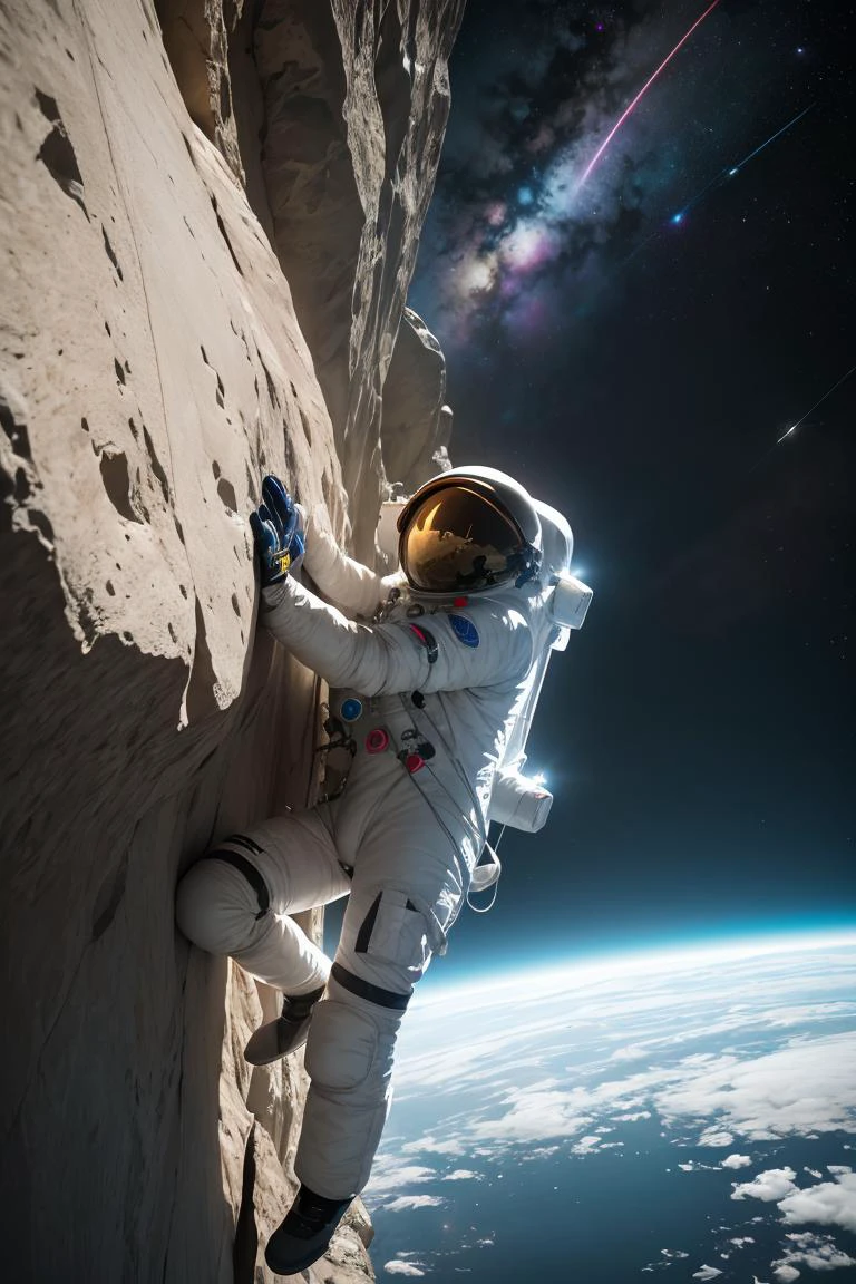 (Close-up of astronaut climbing a rocky cliff in a spacesuit), fully space suited, astronaut lost in liminal space, dusty space suit, Astronaut, astronaut in space, ("Lunar space" Themeï¼, detailed astronaut, astronaut in space, Spacesuit, Redshift resonance, ï¼Astronauts climbing cliffs in spaceï¼, astronaut below, space backround, wear spacesuits, Astronaut Cyberpunk Electric, space