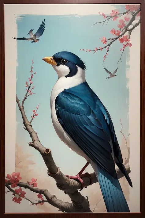 high quality, 8K Ultra HD, In this exquisite ink painting, the serene scene unfolds as a bird perches delicately on a branch, The dynamic essence of the yaebame arrow fletching transforms into a moment of natural beauty. Deep hues of blue, red, and black ink converge to form intricate patterns, capturing the elegance and strength inherent in the bird's feathers, Each stroke tells a story of precision and purpose, evoking the spirit of traditional Japanese artistry, The graceful dance of the bird's feathers on the canvas creates a visual symphony, celebrating the cultural significance of this iconic motif, The scene becomes a harmonious blend of nature and artistic expression, where the tranquility of the bird's presence adds a new layer of depth to the painting, by yukisakura, high detailed,