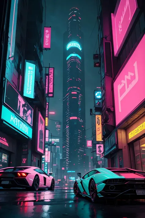 futuristic city with neon lights 190 degree image,a Lamborghini car in the foreground,cyberpunk art inspired by Syd Mead,cg society contest winner,retrofuturism,cyberpunk garage on jupiter,neon city in the background,cyberpunk with neon lighting,in cyberpunk city,in a futuristic cyberpunk city,detailed neon cyberpunk city,cyberpunk city,cyberpunk cityscape,hyper realistic cyberpunk city,neon rainy cyberpunk setting,