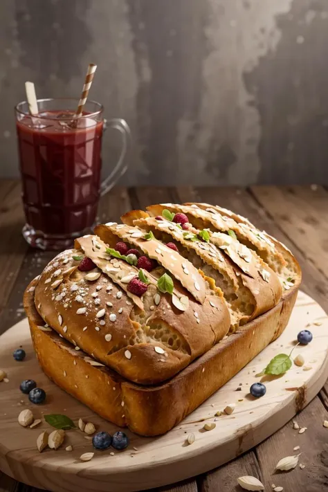 masterpiece, high quality, best quality, rye bread, fruit,fruit drink,foodphoto, <lora:foodphoto:0.6>,