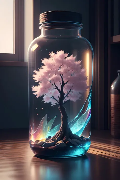 masterpiece,high quality,best quality,sakura tree in a bottle,fluffy,realistic,atmospheric light refraction,by lee jeffries nikon d850 film stock photograph 4 kodak portra 400 camera f1.6 lens rich colors hyper realistic lifelike texture dramatic lighting unreal engine trending on artstation cinestill 800,Style-Glass,adstech,scifi,<lora:AdsTech-20:0.8>,