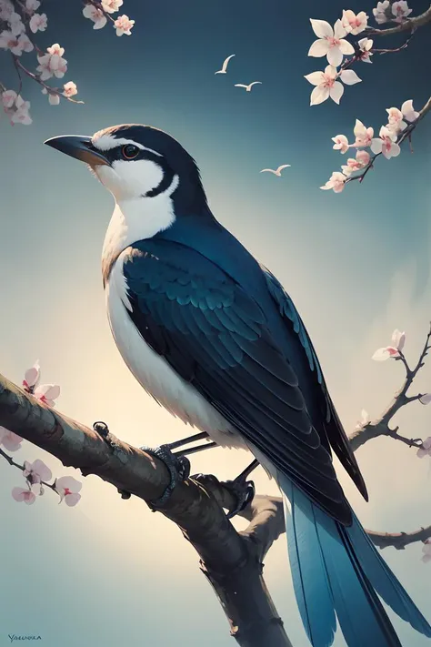 high quality, 8K Ultra HD, In this exquisite ink painting, the serene scene unfolds as a bird perches delicately on a branch, The dynamic essence of the yaebame arrow fletching transforms into a moment of natural beauty. Deep hues of blue, red, and black ink converge to form intricate patterns, capturing the elegance and strength inherent in the bird's feathers, Each stroke tells a story of precision and purpose, evoking the spirit of traditional Japanese artistry, The graceful dance of the bird's feathers on the canvas creates a visual symphony, celebrating the cultural significance of this iconic motif, The scene becomes a harmonious blend of nature and artistic expression, where the tranquility of the bird's presence adds a new layer of depth to the painting, by yukisakura, high detailed,