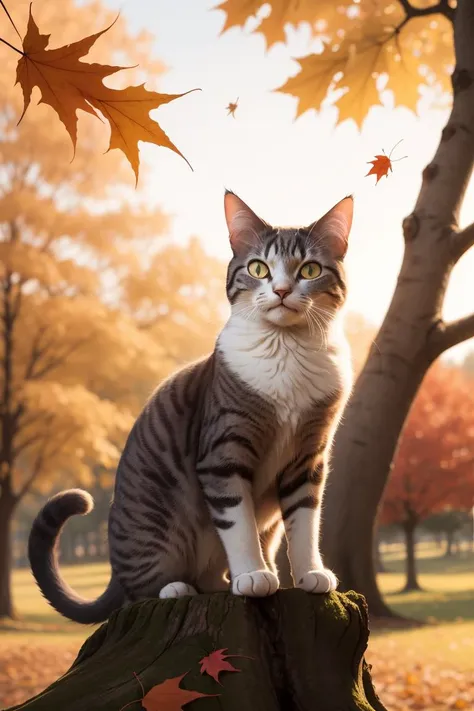 photo of a Cat poised gracefully atop an ancient oak tree,autumn leaves fluttering around,golden hour casting long shadows,backlit,sharp focus on feline,bokeh effect on background foliage,digital painting.,