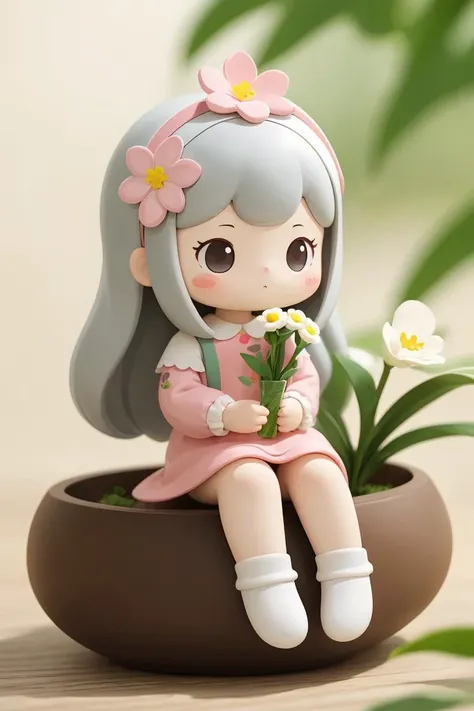 <lora:cute_blindbox_v2:0.4>,blindbox,1girl,solo,sitting,flower,blurry background,blush stickers,holding flower,