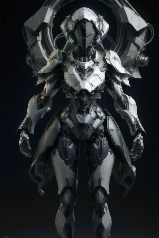 ((best quality)) ,(ultra high res), (black theme:1.2), (white theme:1.2), mechanical suit, cyber helmet, facing ((straight at camera)), full body, ((slim female proportions)), standing straight, ((black background)), (((symmetrical))), (8K), Masterpiece, ((simple)), ((clean hard surface)), ((hero)), robot mech,<lora:robsuit:0.85>