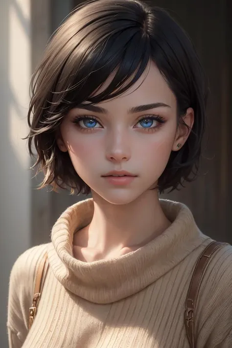 face of South American woman with short hair and blue eyes