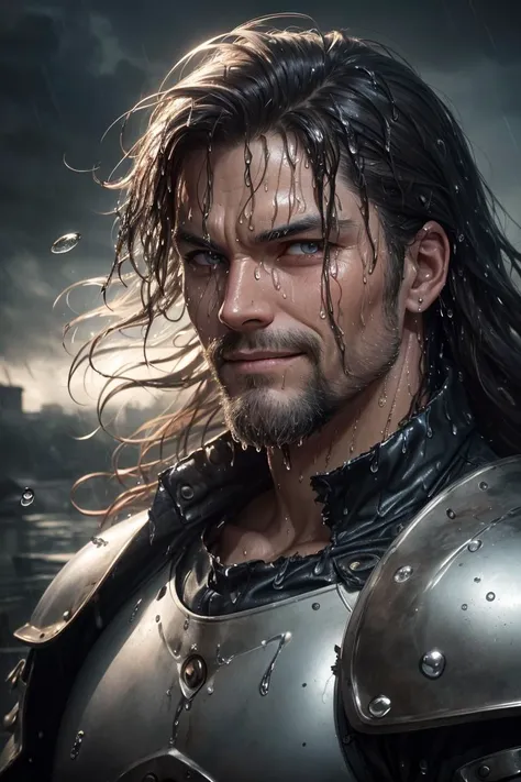 photo of the most beautiful artwork in the world featuring a soft and lustrous male hero, (((epic heroic fantasy, fat, stout, wet, wounded hero, angry look with long hair and long beard and fierce appearance in a dynamic posture dying on the ground, fantastic location, majestic cluttered environment)), full body 8k unit rendering, action photo, skin pores, very dark lighting, heavy shadows, detailed and detailed face, (vibrant, realistic photo, realistic, dramatic, dark, sharp focus, 8k), (weather-damaged old and worn leather clothing: 1.4), (intricate: 1.4), decadent, (highly detailed: 1.4), digital painting, octane rendering, artstation, concept art, smooth, sharp focus, illustration, artgerm art, (loish: 0.23), wlop ilya kuvshinov, and Greg Rutkowski and Alphonse Mucha Gracias, (global lighting, studio light, volumetric light), heavy rain, floating particles