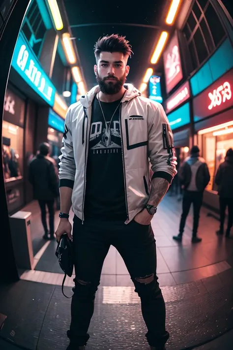 (masterpiece, best quality), 1boy, muscular, beard, cyberpunk, (blurry, bokeh, fisheye lens), night, looking at viewer, contrast, contrapposto, neon oversized jacket,
