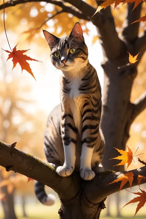 photo of a Cat poised gracefully atop an ancient oak tree,autumn leaves fluttering around,golden hour casting long shadows,backlit,sharp focus on feline,bokeh effect on background foliage,digital painting.,