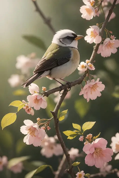 a tiny Bird on a branch with (spring flowers on background:1),aesthetically inspired by Evelyn De Morgan,art by Bill Sienkiewicz and Dr. Seuss,ray tracing,volumetric lighting,octane render.,<lora:iNaturalist_Birds:0.5>,
