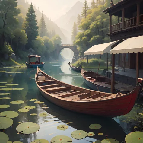 masterpiece, high quality, best quality, there is a boat that is sitting in the water with lily pads, low detailed. digital painting, very detailed digital painting, serene illustration, beautiful digital painting, highly detailed digital painting, digital painting highly detailed, a beautiful artwork illustration, fantasy. gondola boat, detailed digital painting, beautiful digital illustration, in style of atey ghailan, by Ni Yuanlu