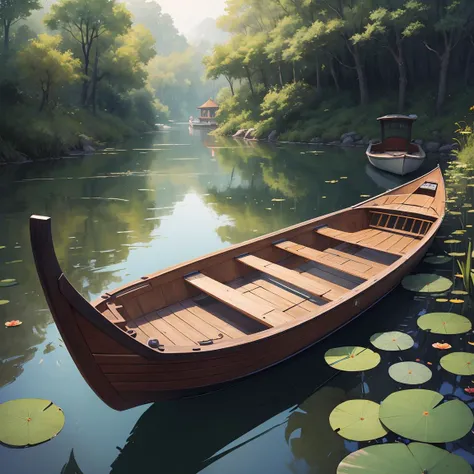 masterpiece, high quality, best quality, there is a boat that is sitting in the water with lily pads, low detailed. digital painting, very detailed digital painting, serene illustration, beautiful digital painting, highly detailed digital painting, digital painting highly detailed, a beautiful artwork illustration, fantasy. gondola boat, detailed digital painting, beautiful digital illustration, in style of atey ghailan, by Ni Yuanlu
