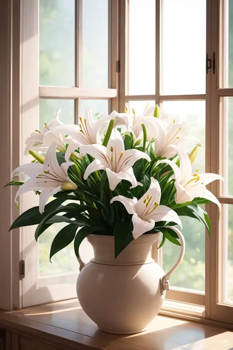 masterpiece, high quality, best quality, clay pot, colorful lily flowers, window where sunlight comes in, blank background, lots of details, high quality, 8k,