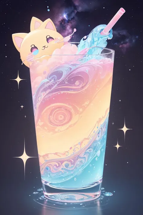 masterpiece, kawaiitech, tall glass of the most expensive water in the world, kawaii, pastel color, intricate, detailed, sharp focus, surrounded by swirls of sparkling water, stardust, vaporwave, galaxy background, style-swirlmagic:0.8 <lora:KawaiiTech:0.5>