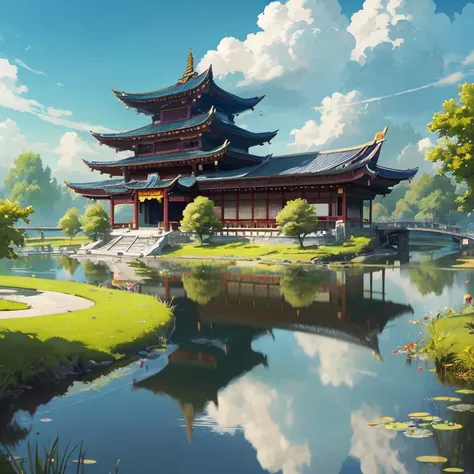 scenery, tree, sky, architecture, east asian architecture, outdoors, no humans, cloud, day, water, reflection, blue sky, building, pond, river, bridge, grass (Masterpiece: 1,2), best quality, masterpiece, high definition, original, extremely detailed wallpaper, soft light ,<lora:Antique sceneV2:0.6>,