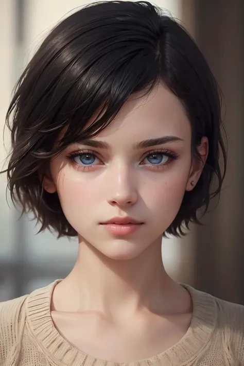 (masterpiece:1.3), (8k, photorealistic, RAW photo, best quality: 1.4), (1girl), beautiful face, (realistic face), (black hair, short hair:1.3), beautiful hairstyle, realistic eyes, beautiful detailed eyes, (realistic skin), beautiful skin, (sweater), absurdres, attractive, ultra high res, ultra realistic, highly detailed, golden ratio