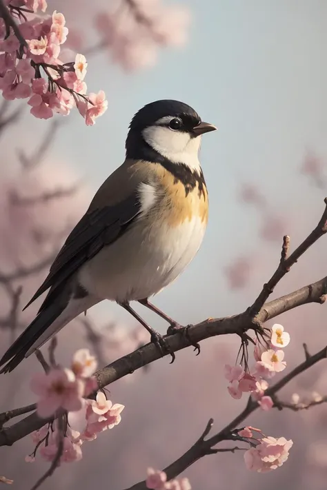 a tiny Bird on a branch with (spring flowers on background:1),aesthetically inspired by Evelyn De Morgan,art by Bill Sienkiewicz and Dr. Seuss,ray tracing,volumetric lighting,octane render.,<lora:iNaturalist_Birds:0.6>,
