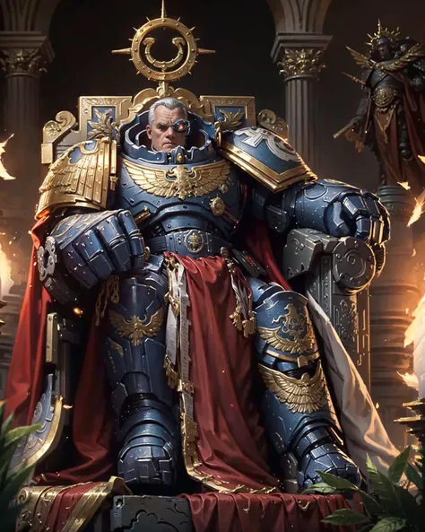 (masterpiece, best quality), water,(extremely detailed CG unity 8k wallpaper), professional majestic oil painting, intricate, High Detail, Sharp focus, dramatic, photorealistic painting art, action shot, dynamic composition, cinematic lighting, accent lighting, epic baroque painting,
portrait of (calgar:1.3) solo, 1boy, middle aged man, military man, ((bionic eye)), one glowing red eye, full armor, red cape, pauldron, ((iron halo)), regal, lord, detailed skin, skin pores, wrinkles, (thoughtful expression), deep in thought, thinker, focused, grim, concerned,
(sitting on a throne), futuristic city, epic scale, grandeur, (large blue flag in the background), detailed background, (ancient Rome), blue, red and gold, bronze, white marble columns, candlelight, bright ambiance,
 <lora:Calgar MK1 by CARAXES:0.8> <lora:tool - add_detail:0.4>  <lora:bichu-v0612:0.25>